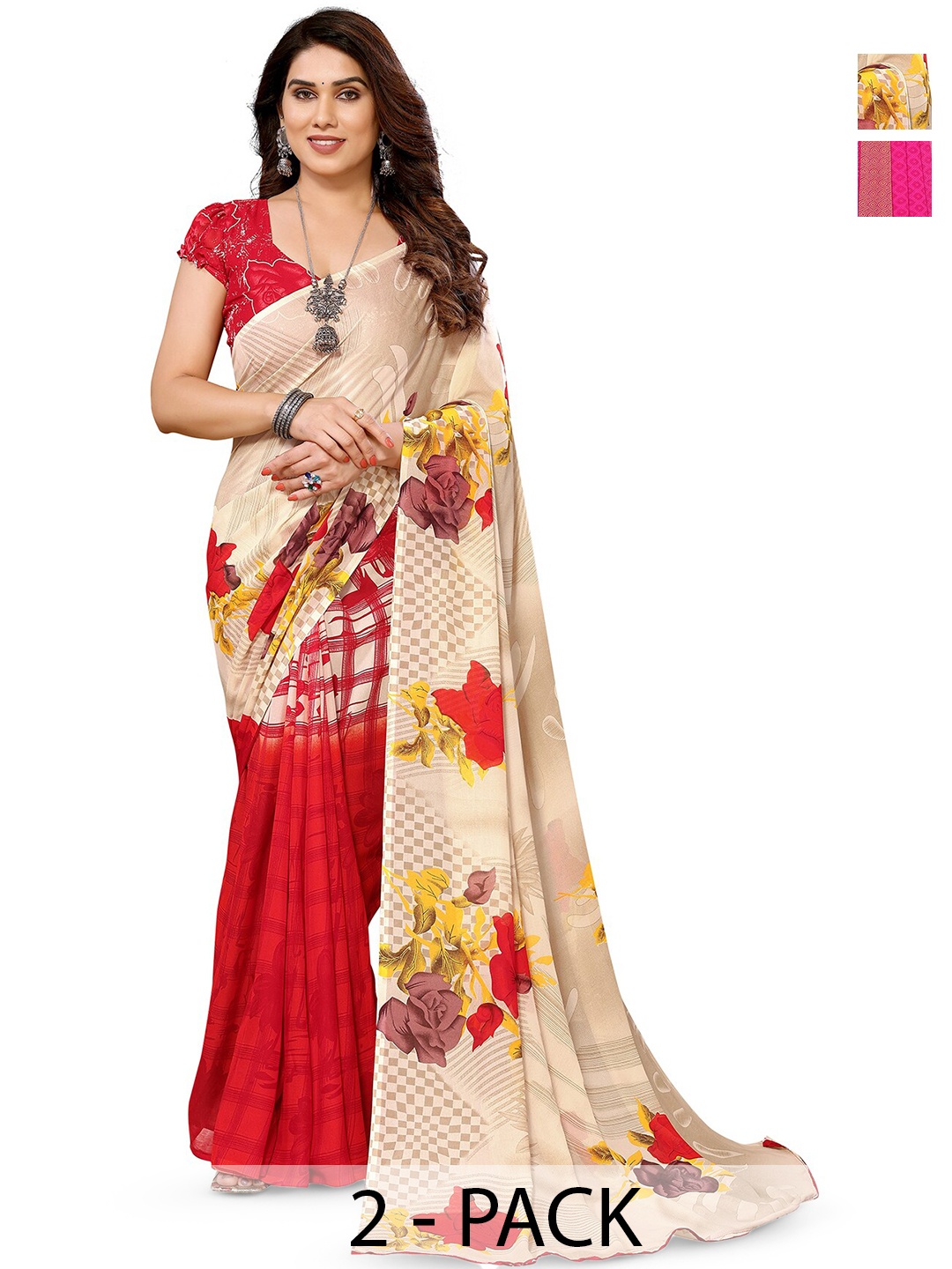 

ANAND SAREES Selection Of 2 Floral Printed Saree, Red