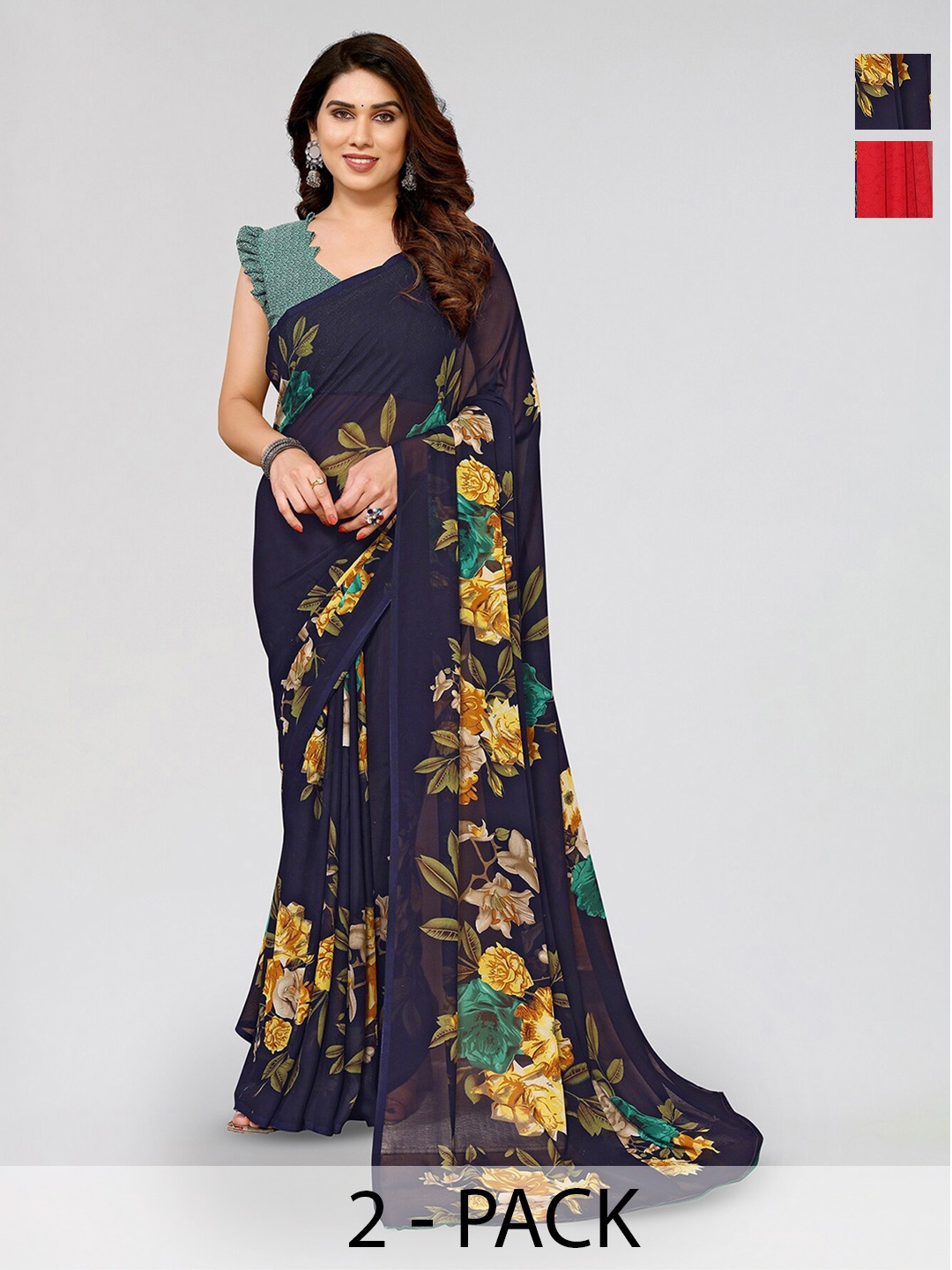 

ANAND SAREES Selection of 2 Floral Printed Sarees, Blue
