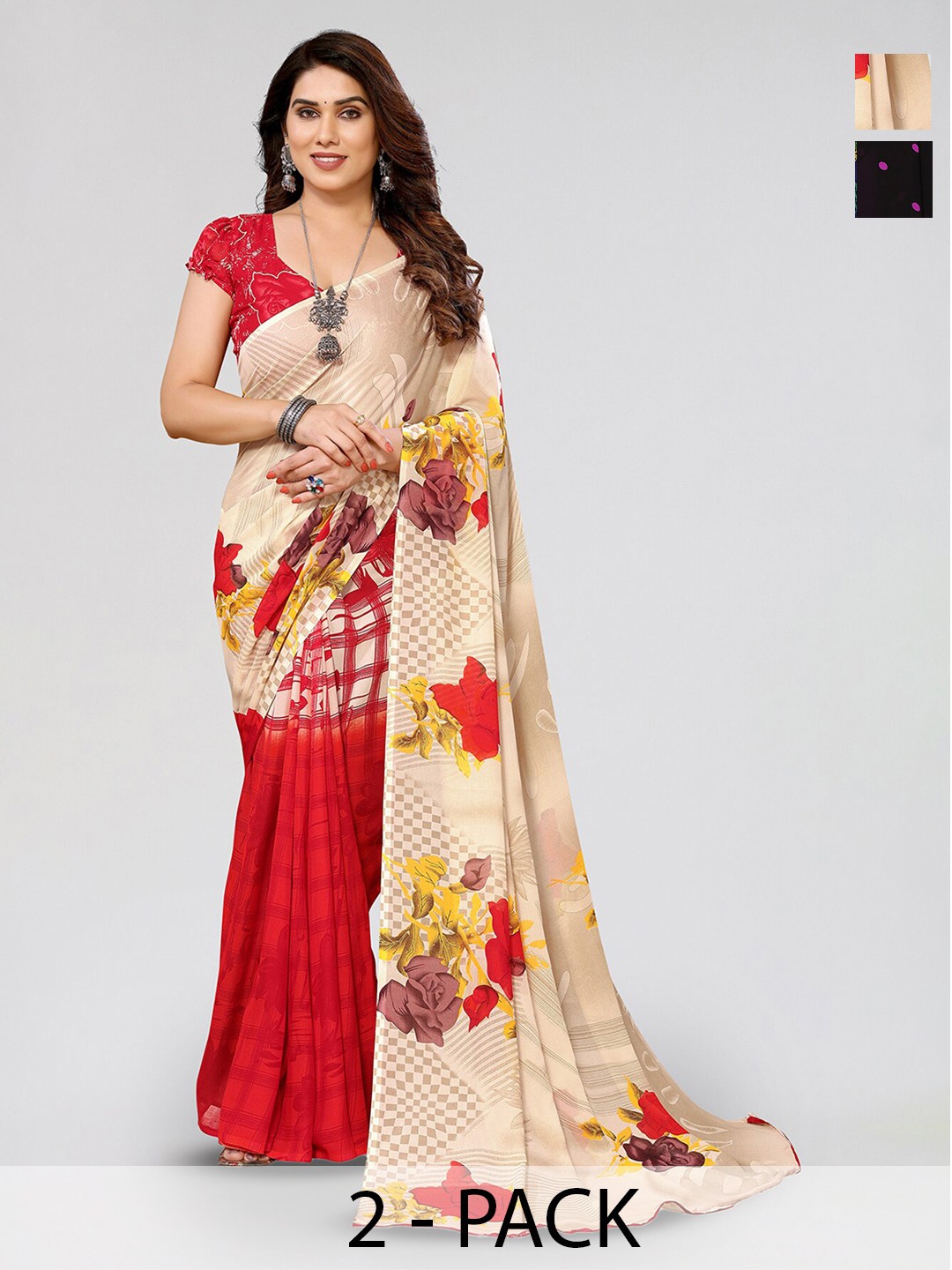 

ANAND SAREES Selection of 2 Printed Georgette Saree, Black