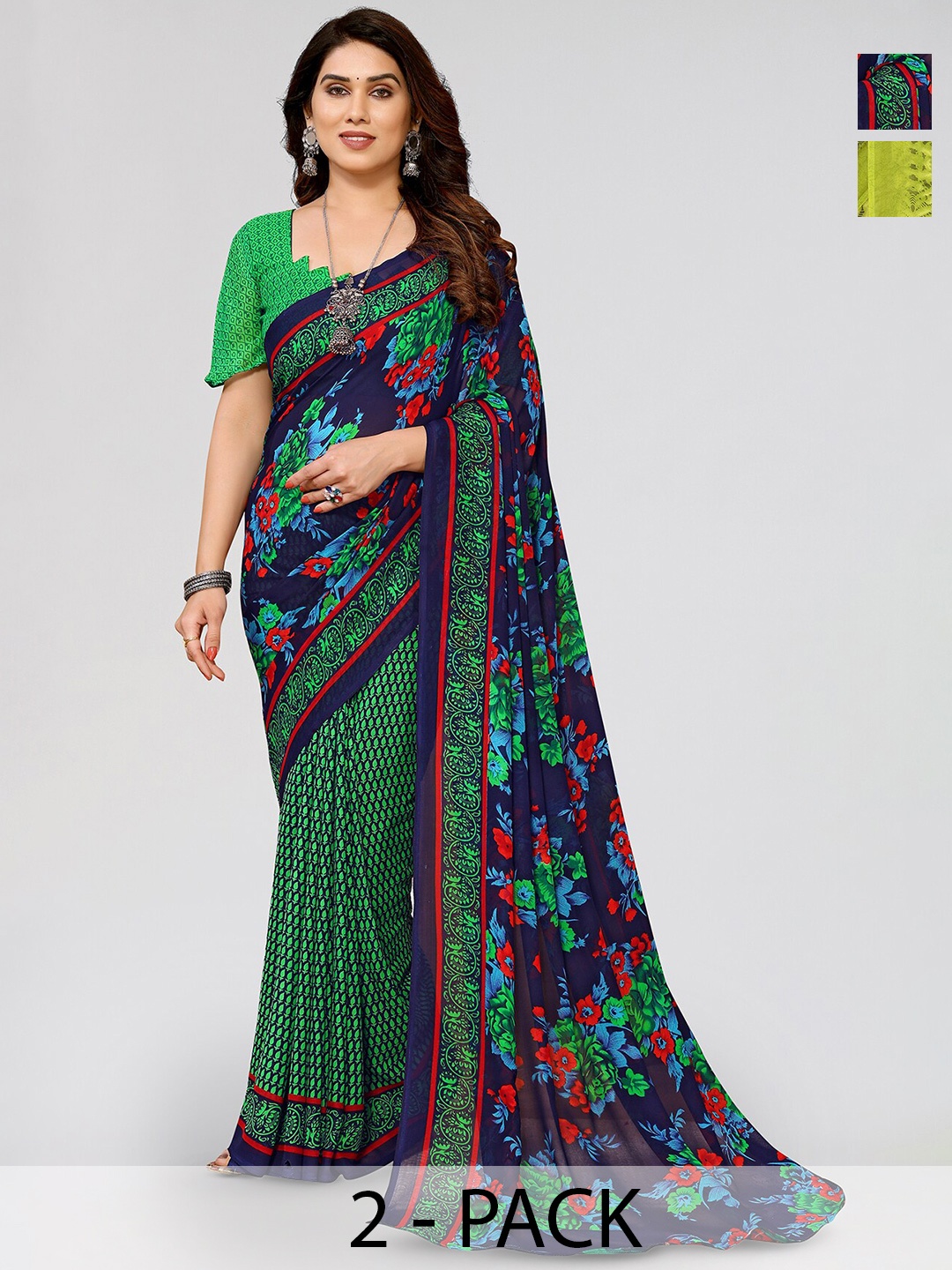 

ANAND SAREES Selection Of 2 Floral Printed Saree, Green