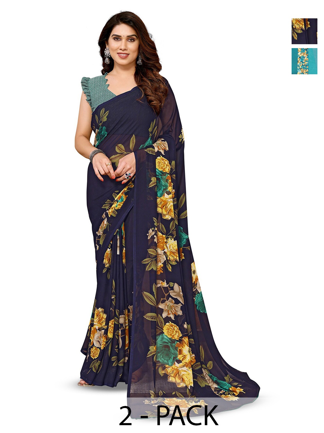 

ANAND SAREES Pack Of 2 Floral Printed Saree, Navy blue