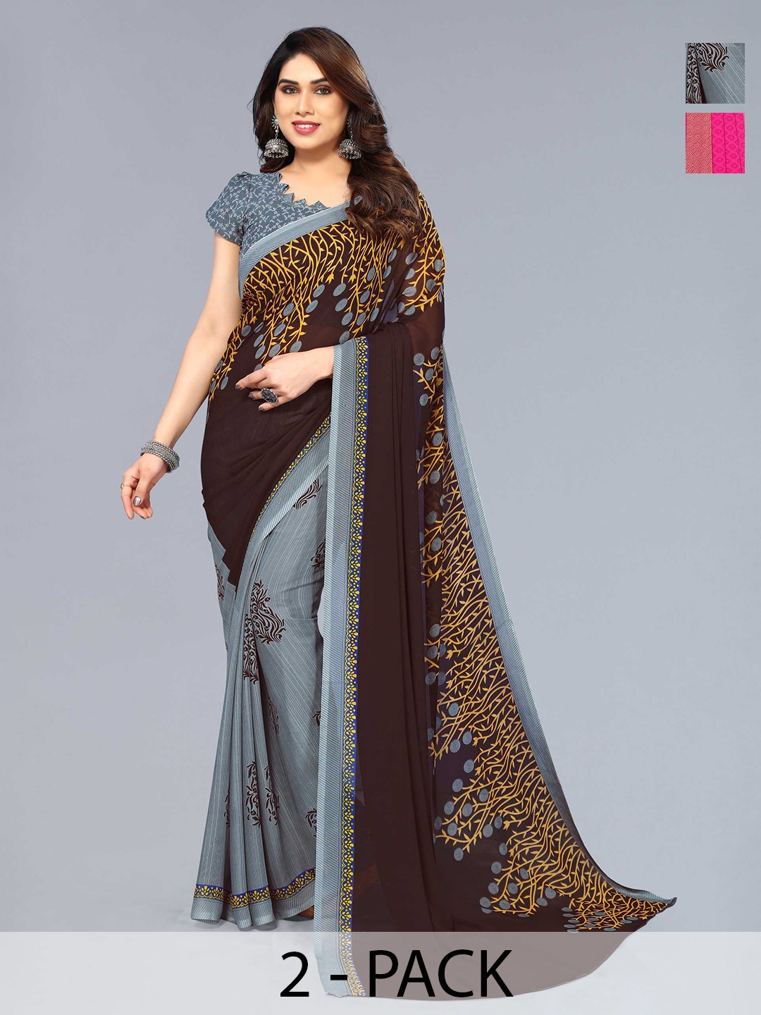 

ANAND SAREES Selection Of 2 Floral Printed Sarees, Grey