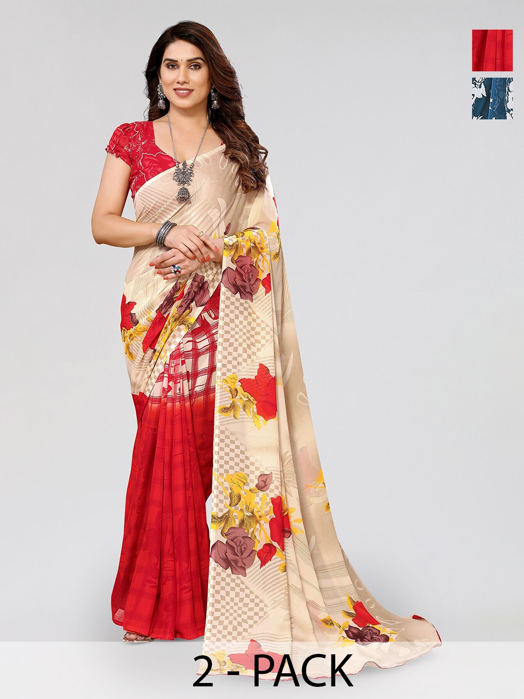 

ANAND SAREES Selection Of 2 Floral Printed Sarees, Beige