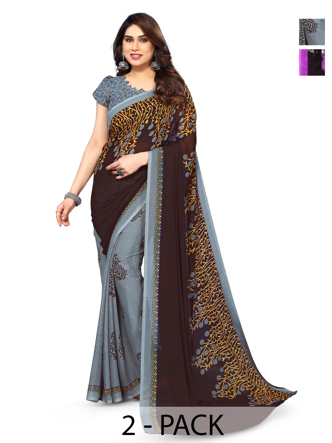 

ANAND SAREES Selection Of 2 Floral Printed Sarees, Purple
