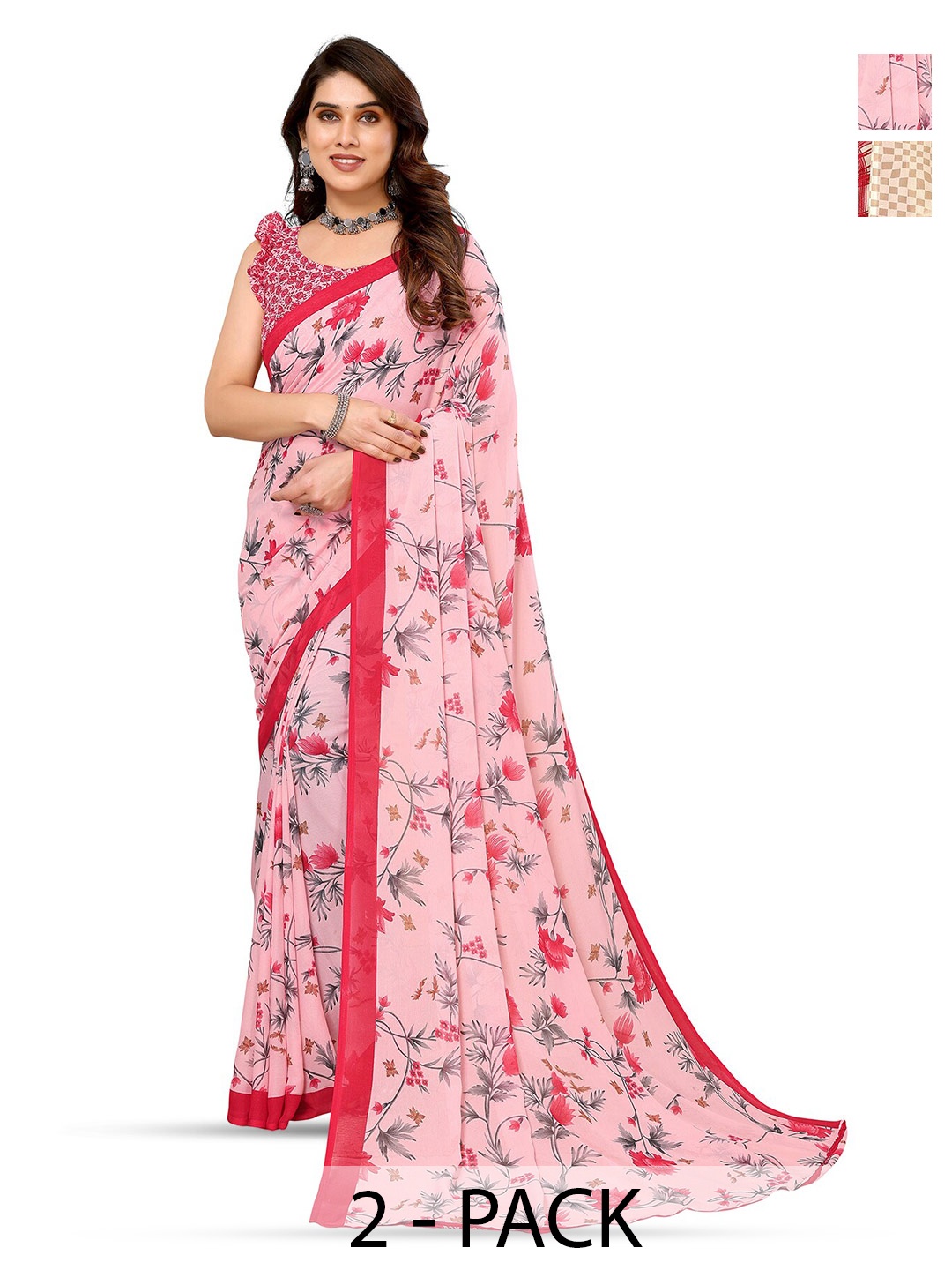 

ANAND SAREES Selection Of 2 Floral Printed Georgette Sarees, Cream