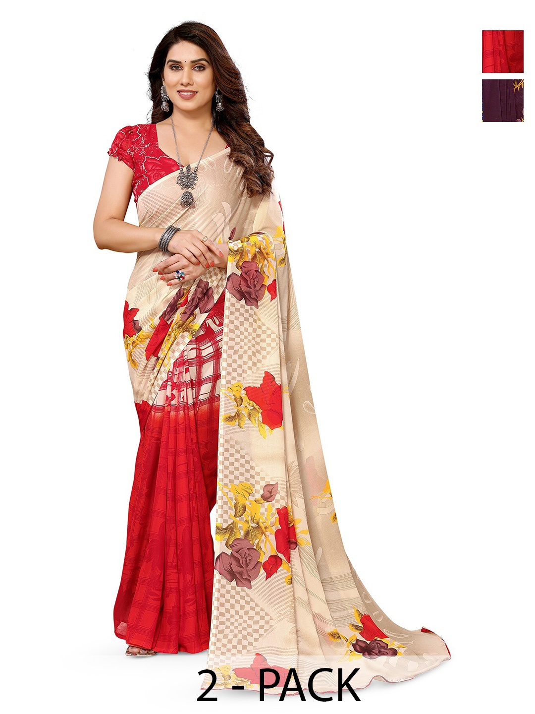 

ANAND SAREES Selection Of 2 Printed Saree, Cream