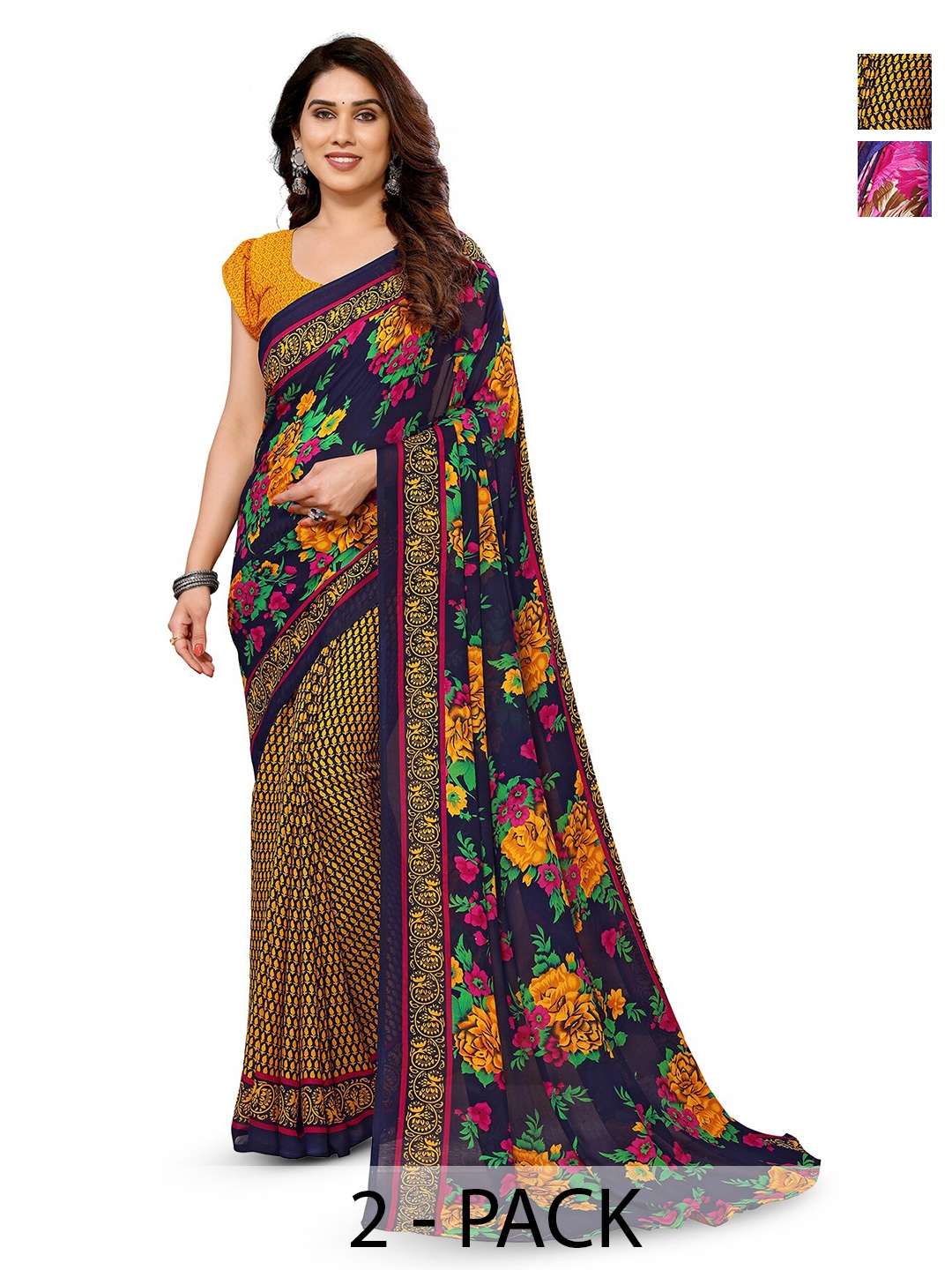 

ANAND SAREES Selection of 2 Floral Saree, Navy blue