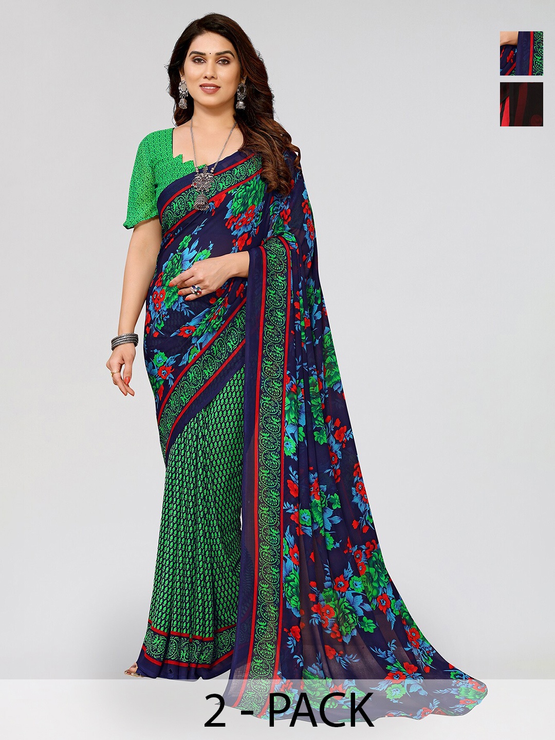 

ANAND SAREES Pack Of 2 Floral Printed Half & Half Saree, Navy blue