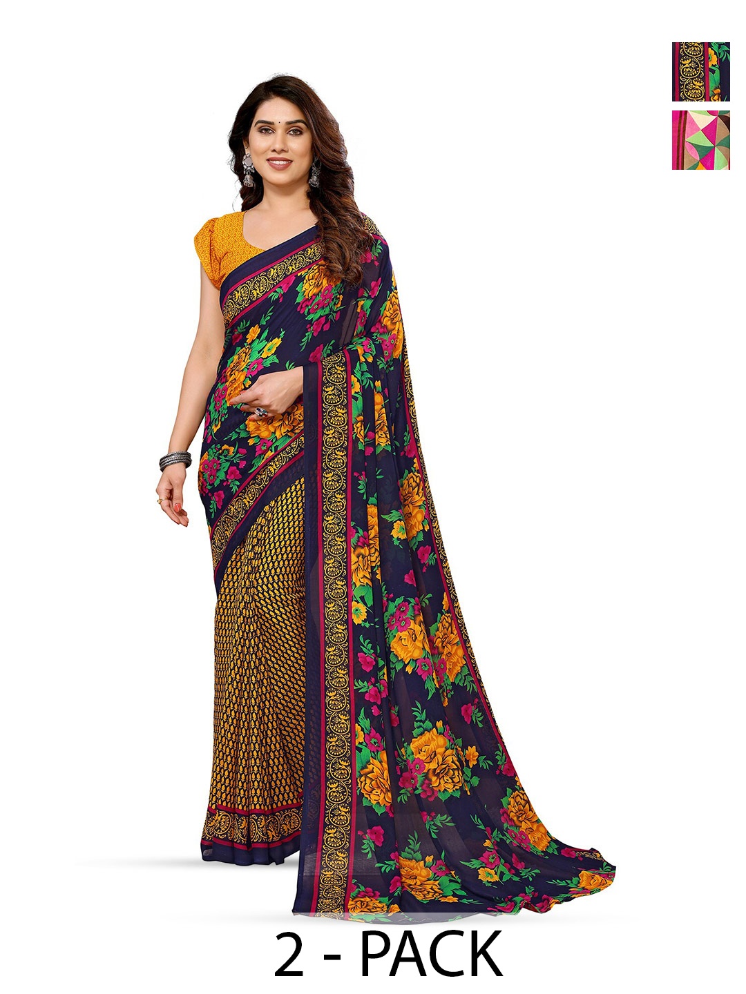 

ANAND SAREES Selection Of 2 Floral Printed Sarees, Pink