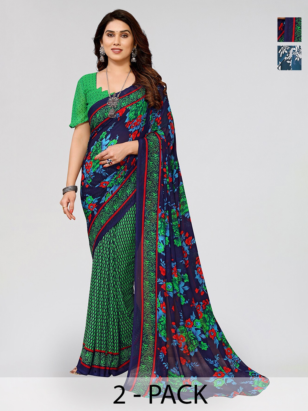 

ANAND SAREES Selection Of 2 Floral Saree, Navy blue