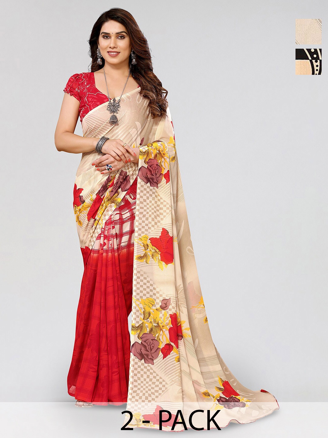 

ANAND SAREES Selection Of 2 Floral Printed Saree, Red