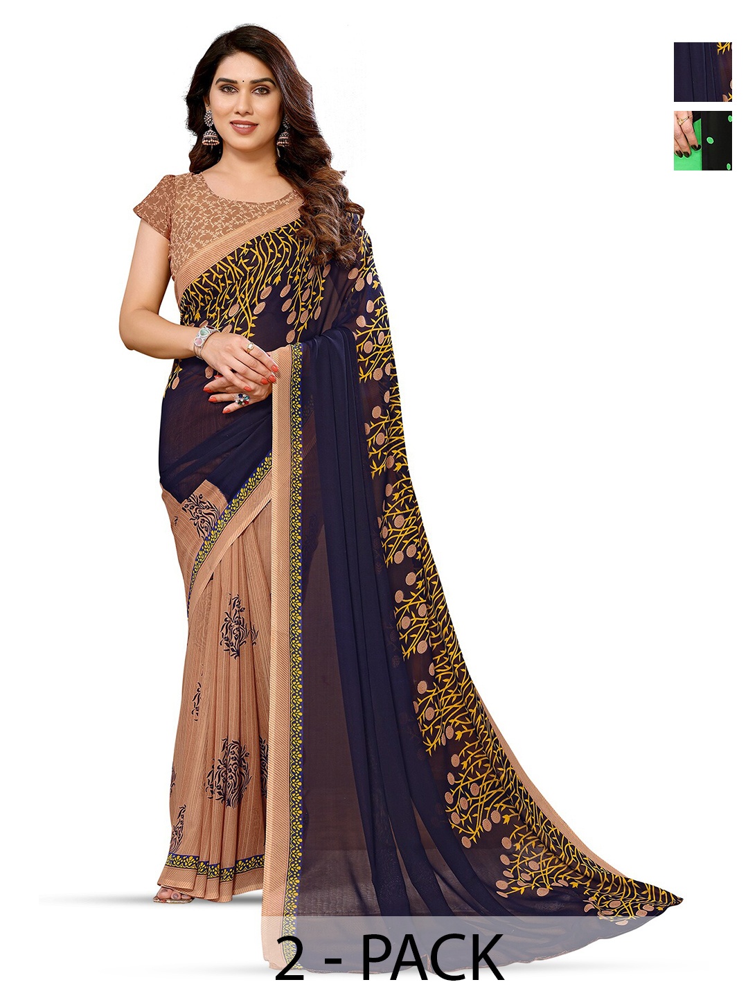 

ANAND SAREES Selection Of 2 Floral Printed Sarees, Black