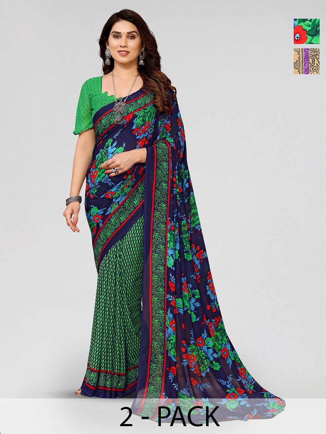 

ANAND SAREES Selection Of 2 Floral Printed Sarees, Green