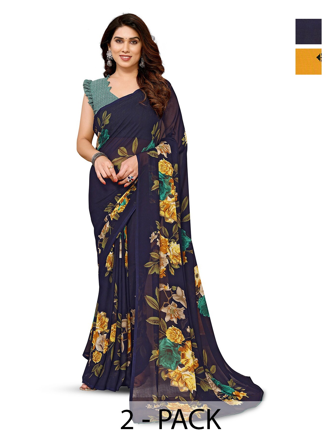 

ANAND SAREES Selection Of 2 Floral Printed Sarees, Navy blue