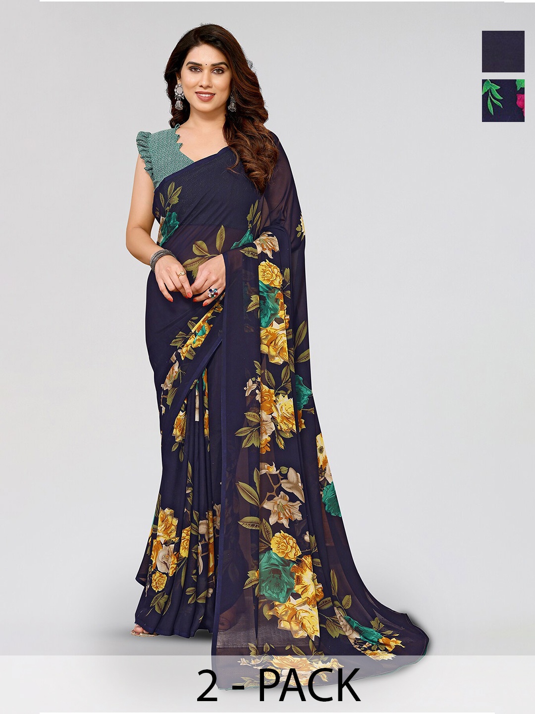 

ANAND SAREES Pack Of 2 Floral Printed Saree, Navy blue