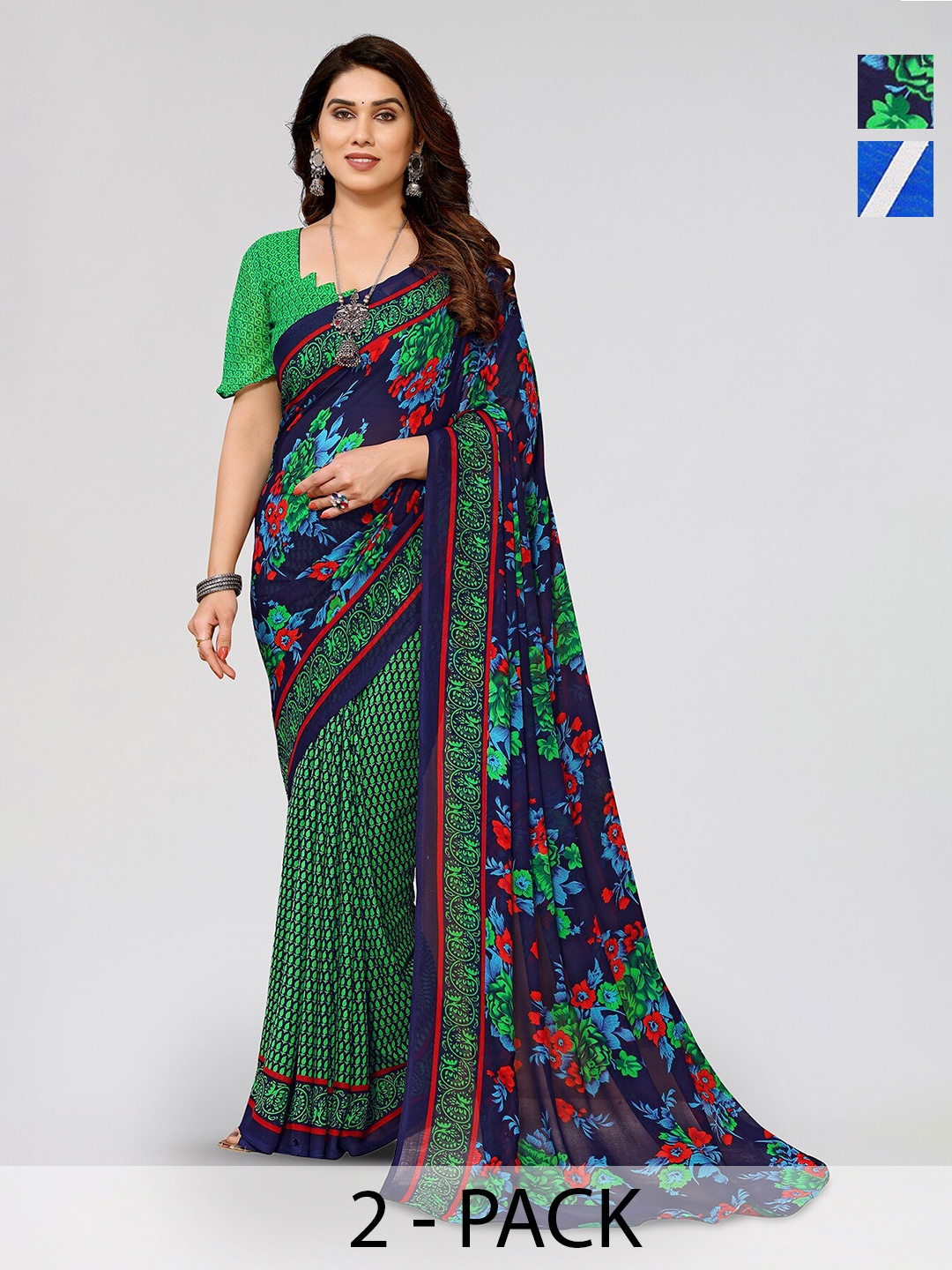 

ANAND SAREES Selection Of 2 Floral Printed Sarees, Navy blue