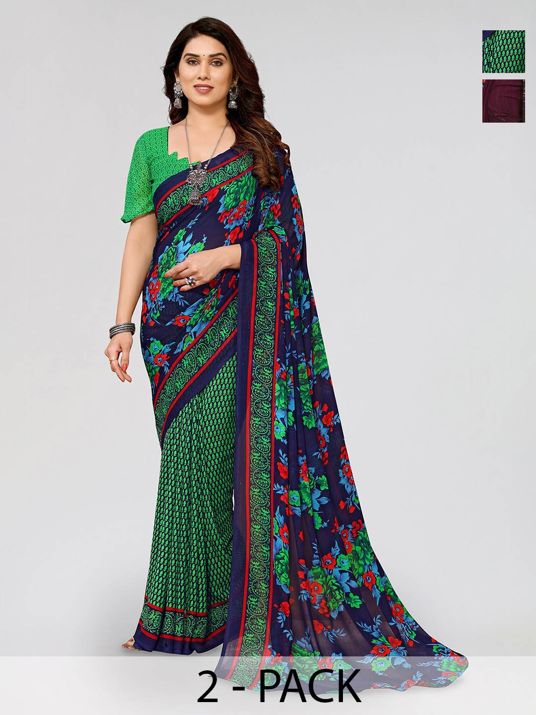 

ANAND SAREES Selection Of 2 Floral Printed Georgette Sarees, Green