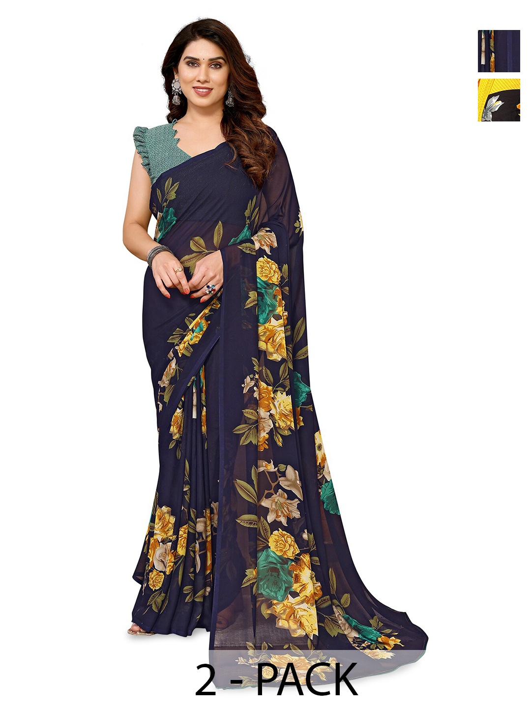 

ANAND SAREES Selection Of 2 Printed Sarees, Navy blue