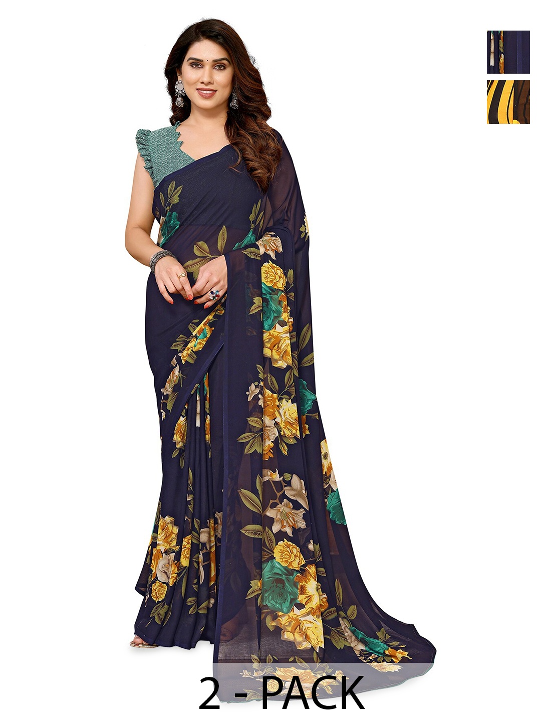 

ANAND SAREES Selection Of 2 Floral Printed Sarees, Navy blue