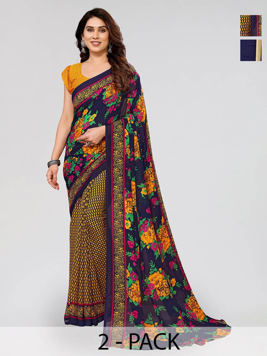 

ANAND SAREES Selection Of 2 Floral Printed Sarees, Navy blue