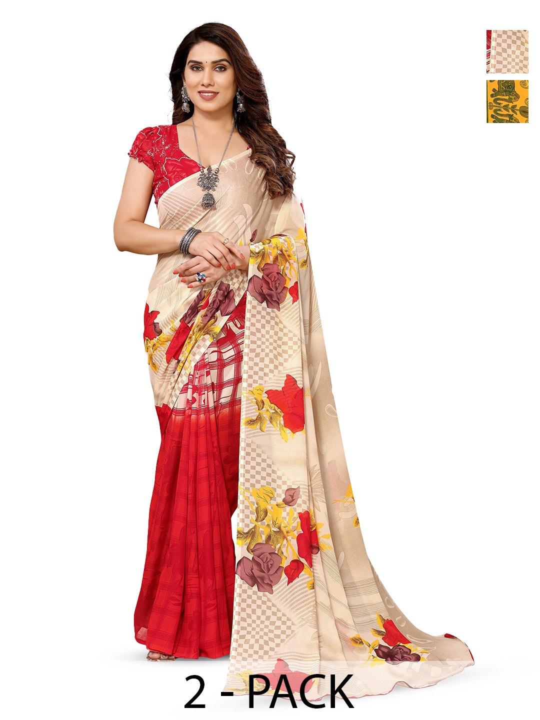

ANAND SAREES Selection Of 2 Floral Printed Sarees, Yellow