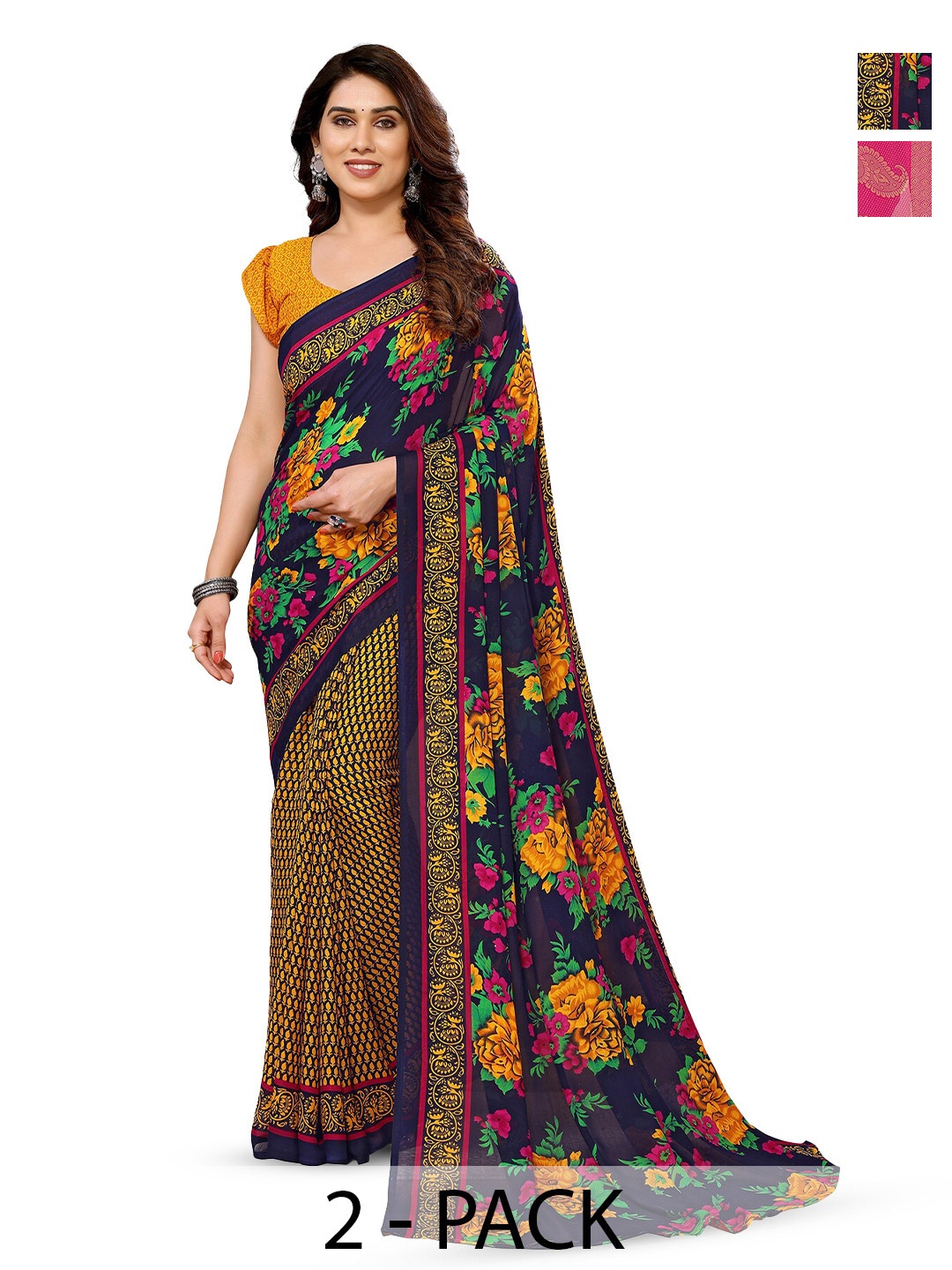 

ANAND SAREES Selection Of 2 Floral Printed Sarees, Navy blue