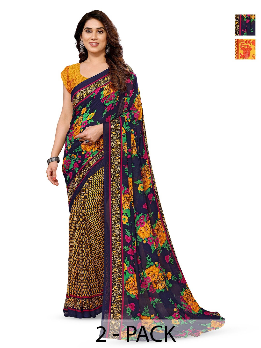 

ANAND SAREES Selection Of 2 Floral Printed Georgette Sarees, Navy blue