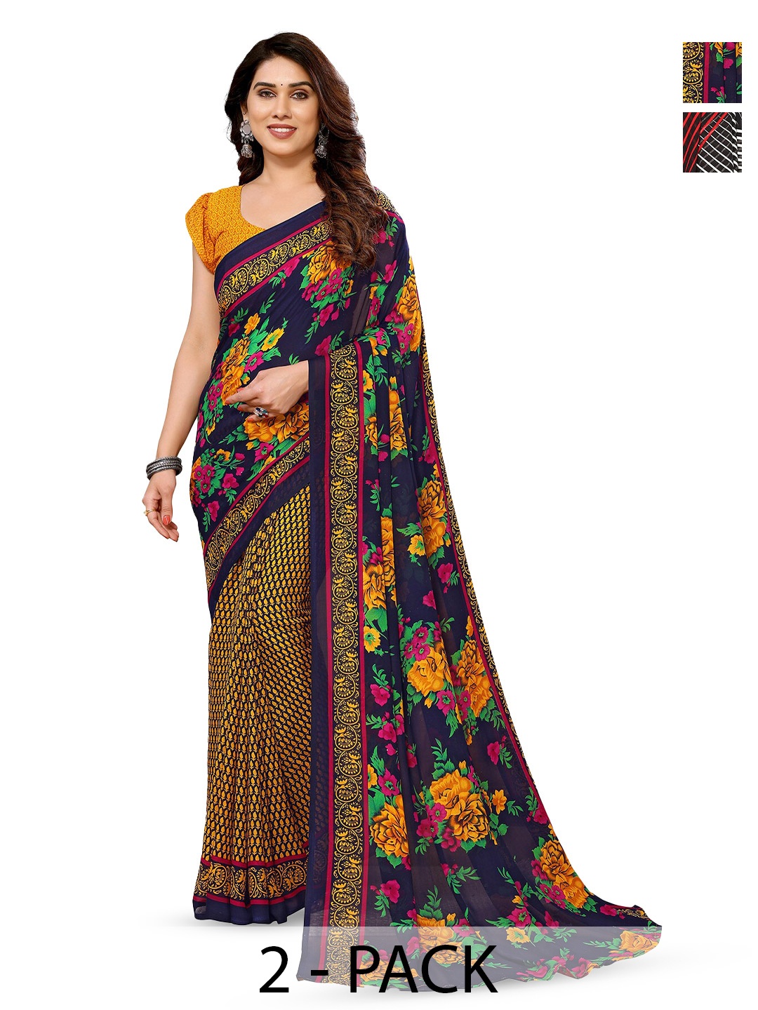 

ANAND SAREES Selection Of 2 Floral Printed Sarees, Navy blue