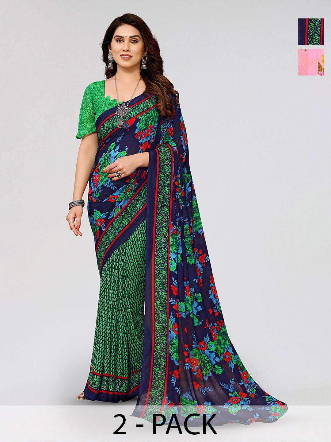 

ANAND SAREES Selection Of 2 Floral Printed Sarees, Navy blue