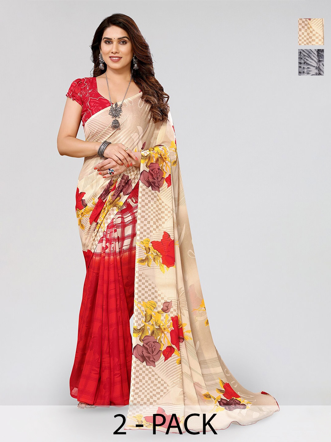 

ANAND SAREES Selection Of 2 Floral Printed Sarees, Cream