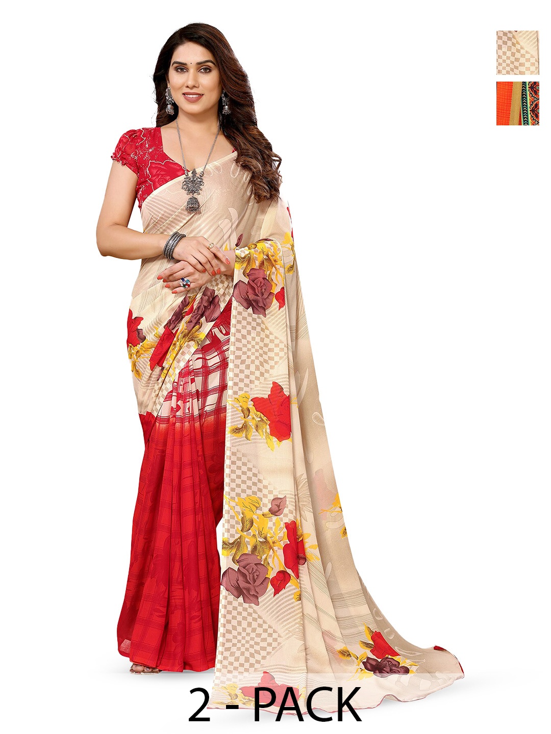 

ANAND SAREES Selection Of 2 Floral Printed Sarees, Red