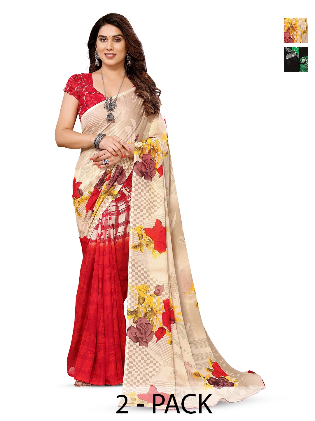 

ANAND SAREES Selection Of 2 Floral Printed Georgette Sarees, Cream