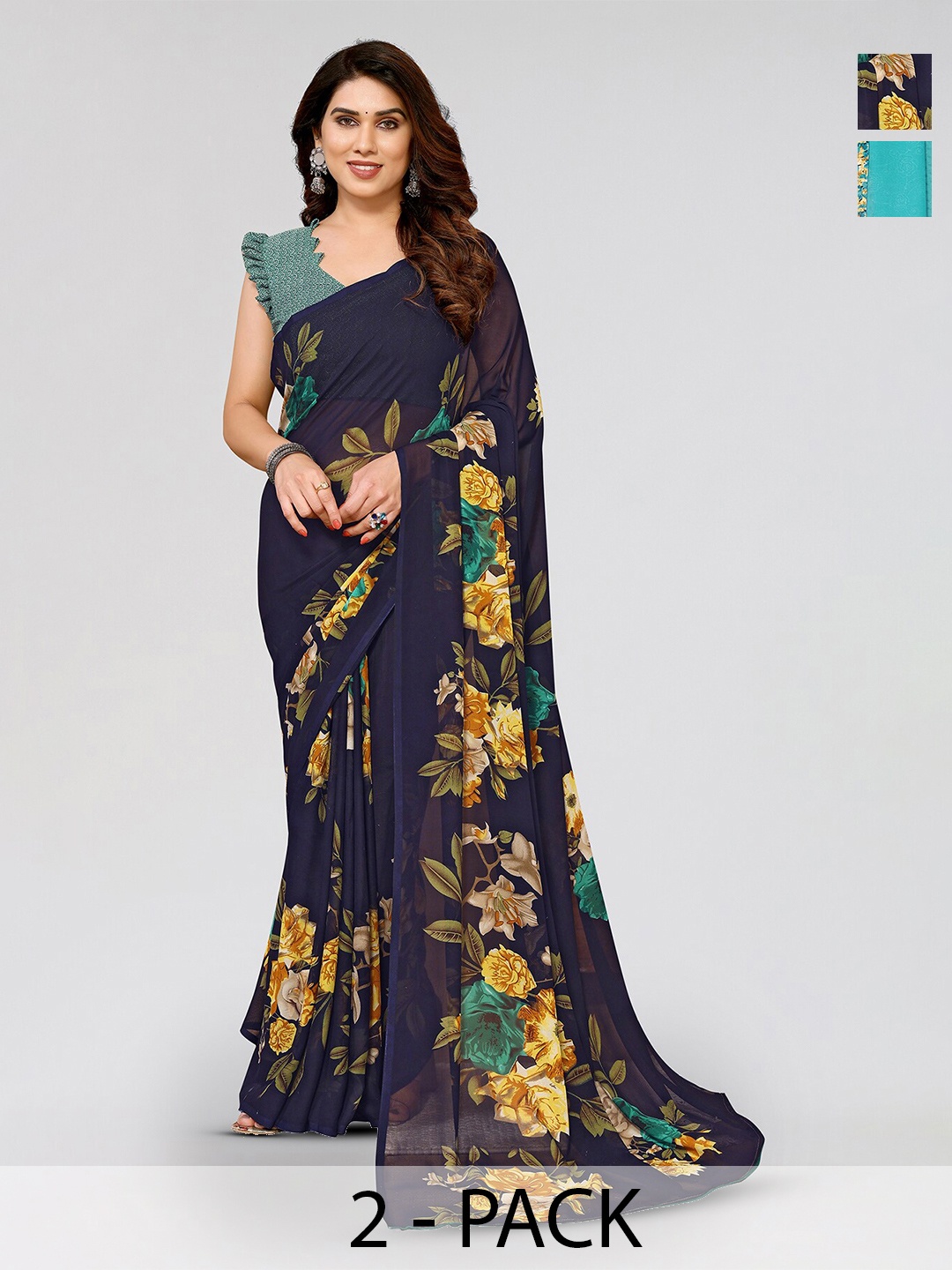 

ANAND SAREES Selection Of 2 Floral Printed Saree, Navy blue