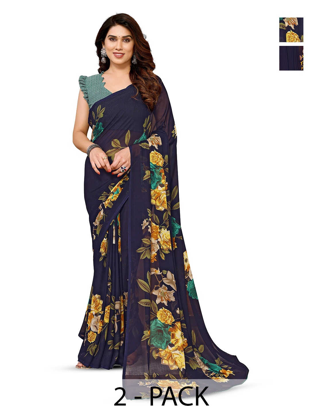 

ANAND SAREES Selection of 2 Floral Printed Sarees, Navy blue