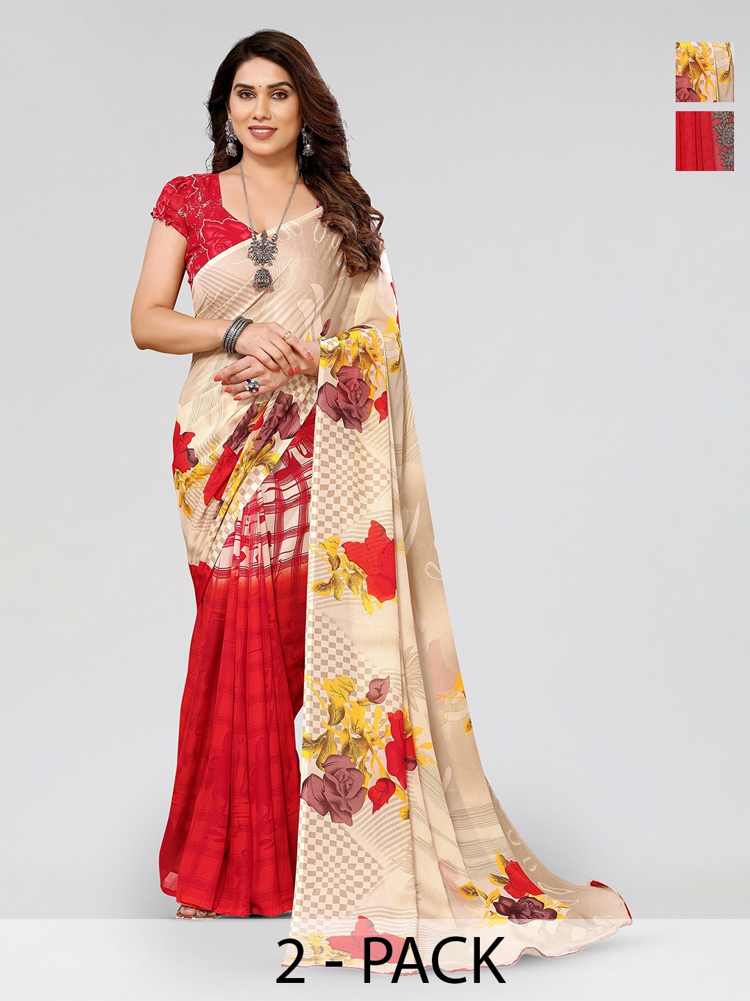 

ANAND SAREES Selection Of 2 Floral Printed Saree, Beige