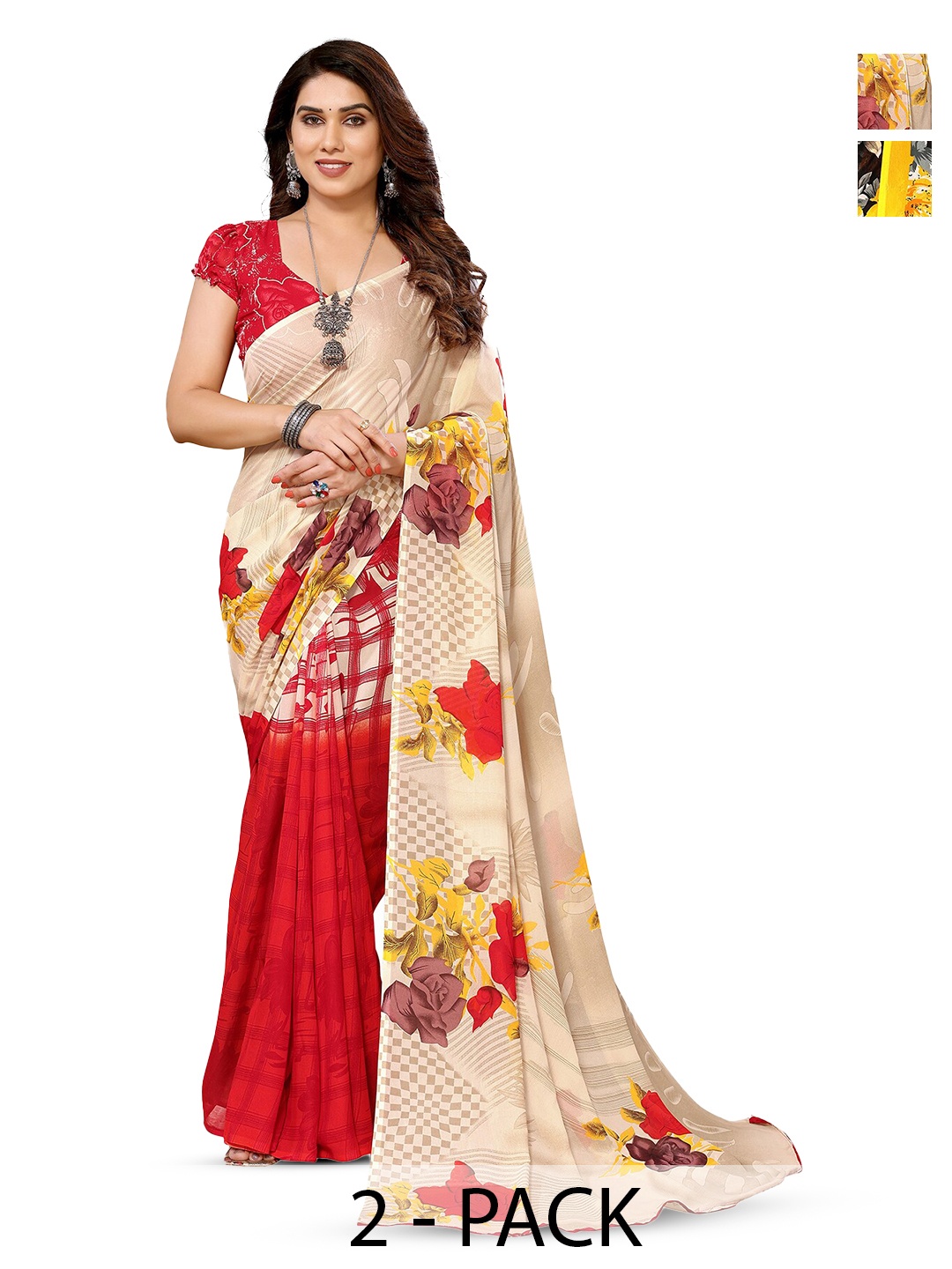 

ANAND SAREES Selection Of 2 Floral Printed Georgette Sarees, Cream