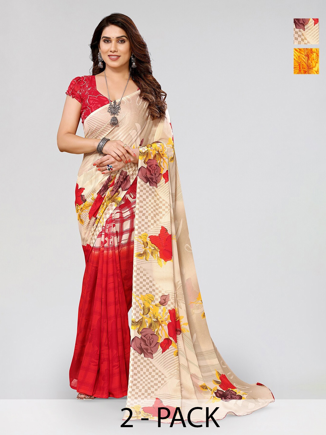 

ANAND SAREES Selection Of 2 Floral Printed Georgette Sarees, Yellow