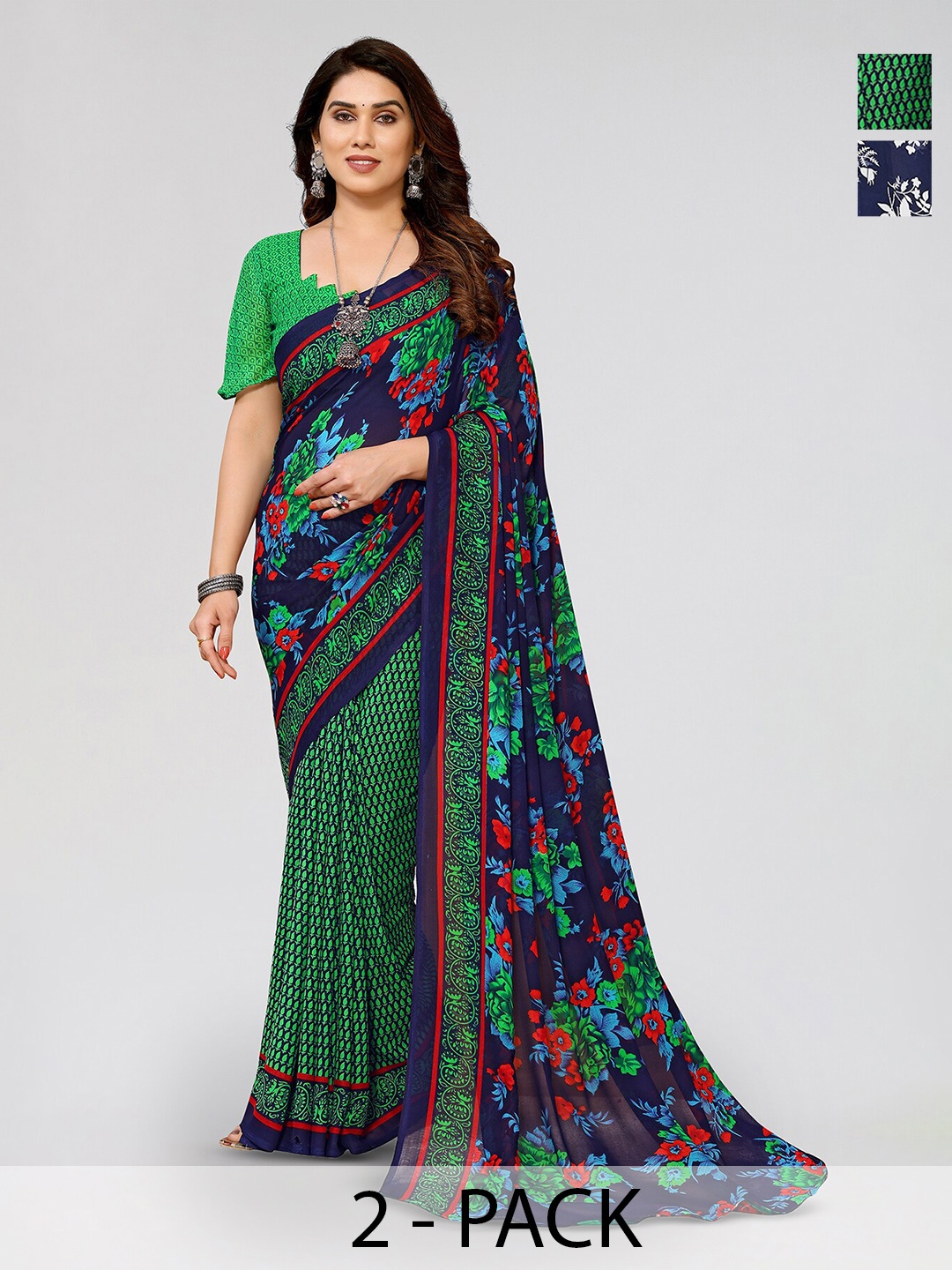 

ANAND SAREES Selection of 2 Floral Printed Saree, Blue