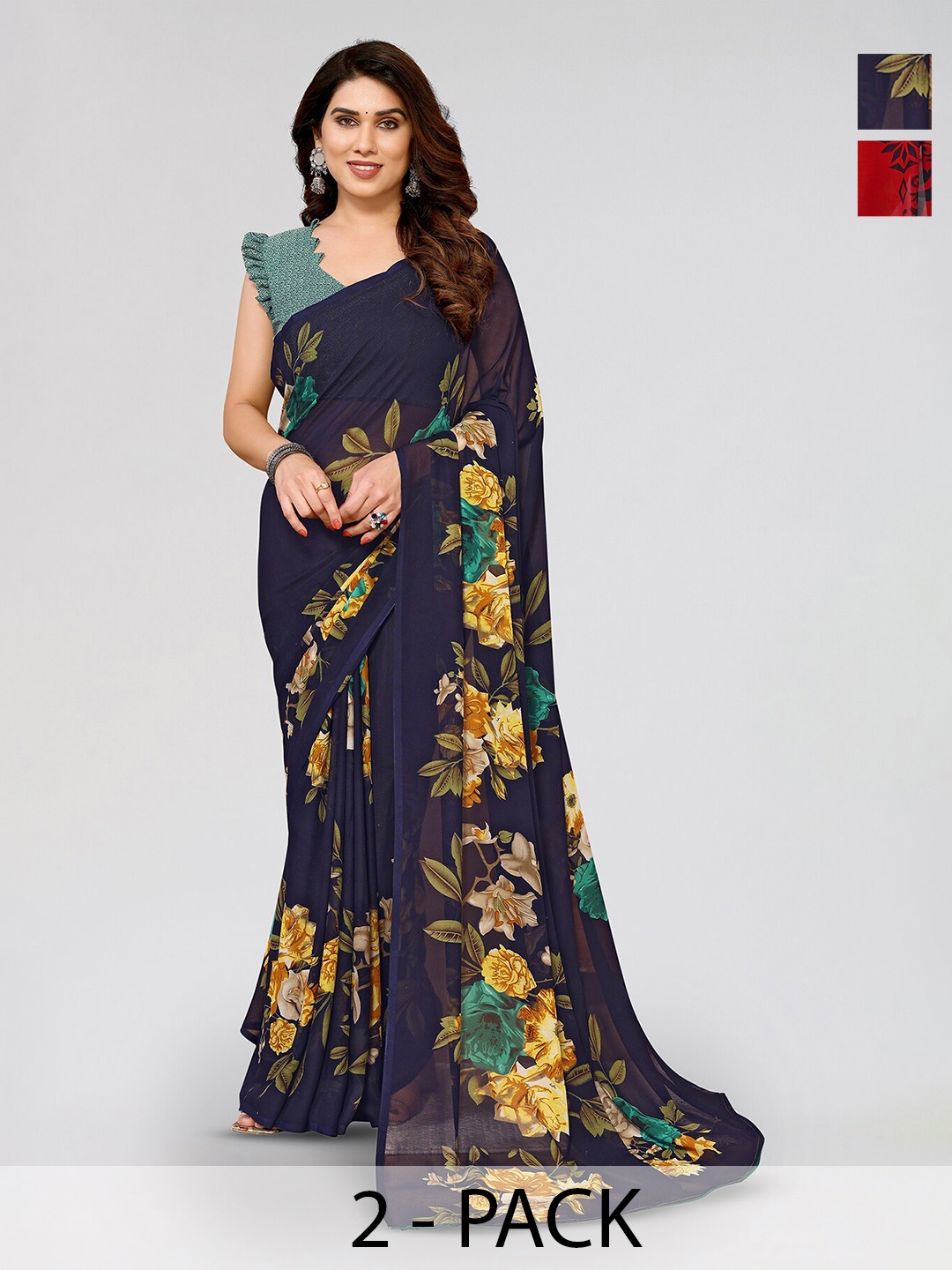 

ANAND SAREES Selection Of 2 Floral Printed Sarees, Navy blue
