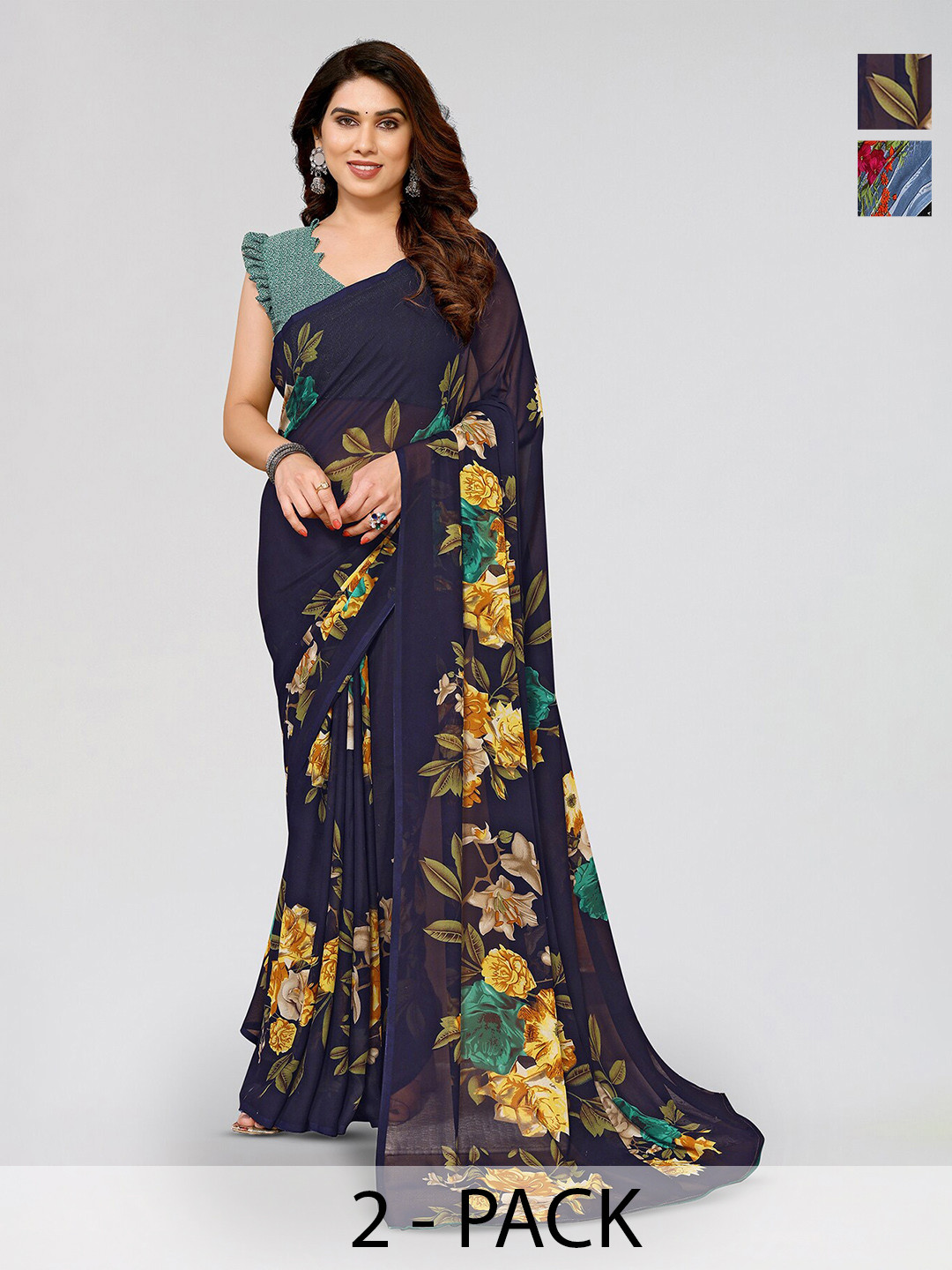 

ANAND SAREES Selection Of 2 Floral Printed Sarees, Navy blue