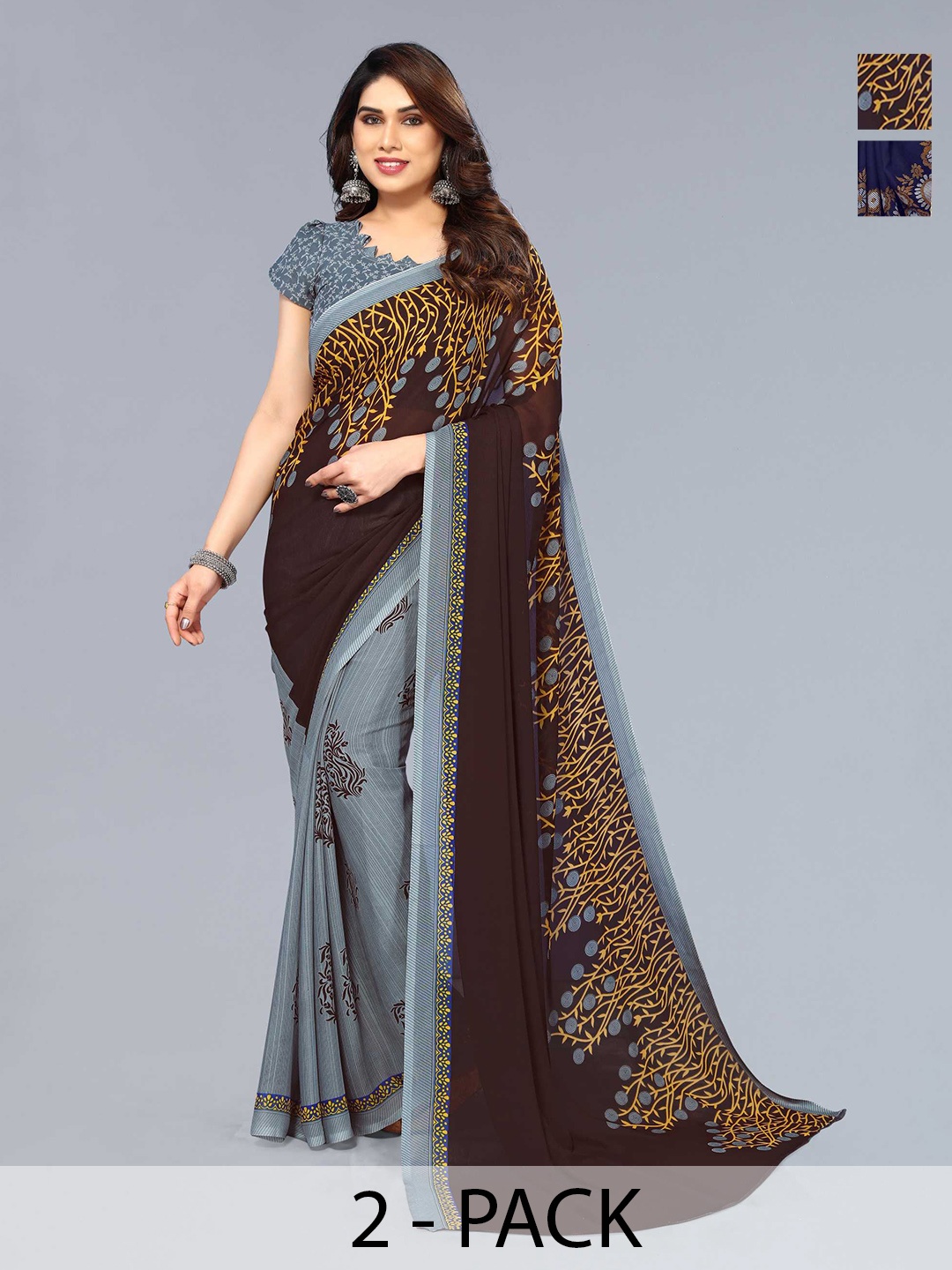 

ANAND SAREES Selection Of 2 Floral Printed Sarees, Navy blue