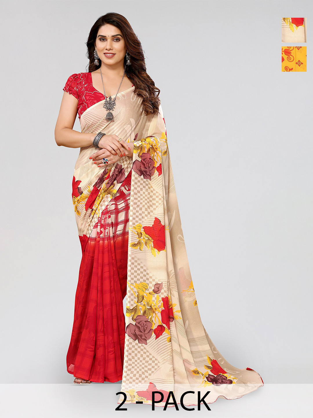

ANAND SAREES Selection Of 2 Printed Saree, Cream