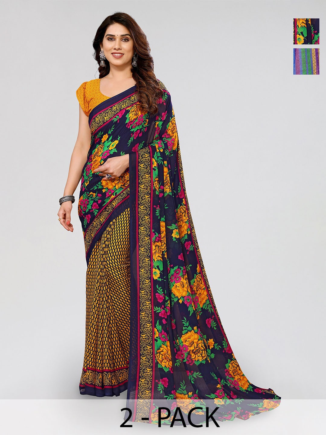 

ANAND SAREES Selection of 2 Printed Georgette Saree, Navy blue