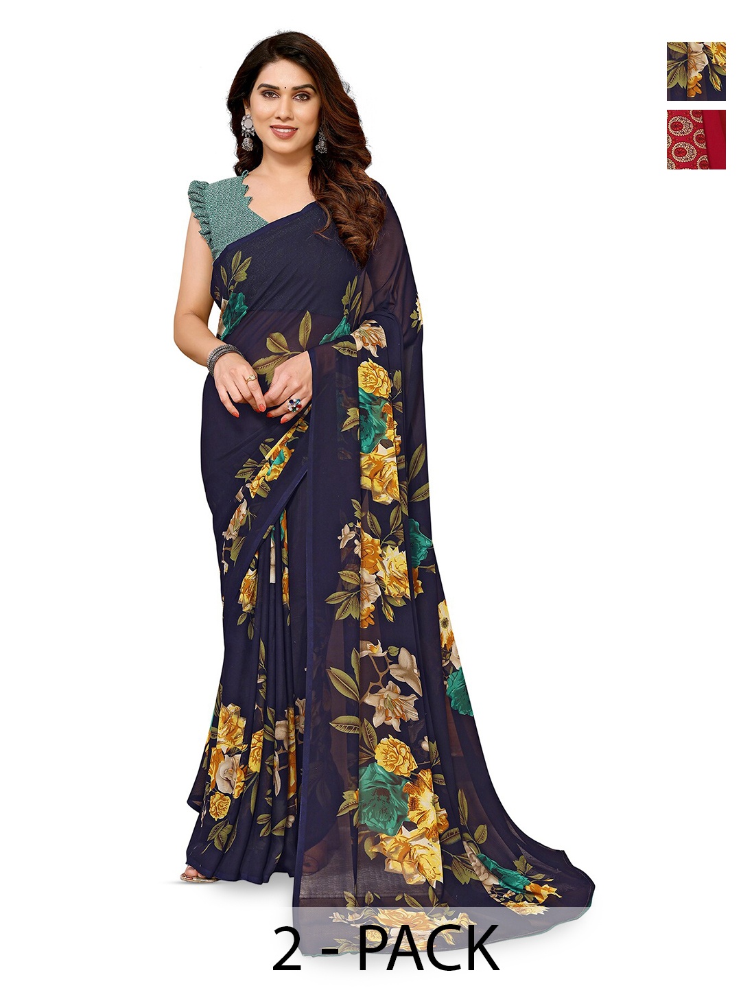 

ANAND SAREES Selection Of 2 Floral Printed Georgette Sarees, Navy blue