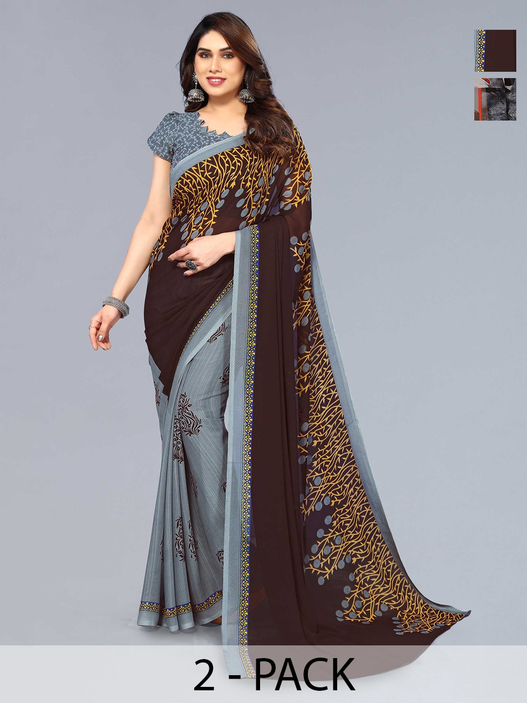 

ANAND SAREES Selection Of 2 Abstract Printed Sarees, Grey