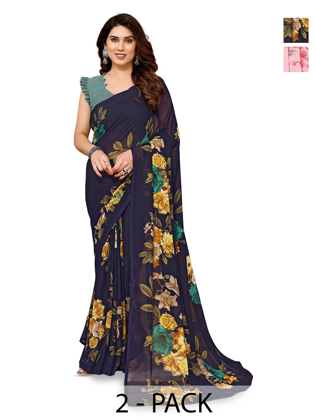 

ANAND SAREES Selection Of 2 Printed Sarees, Pink