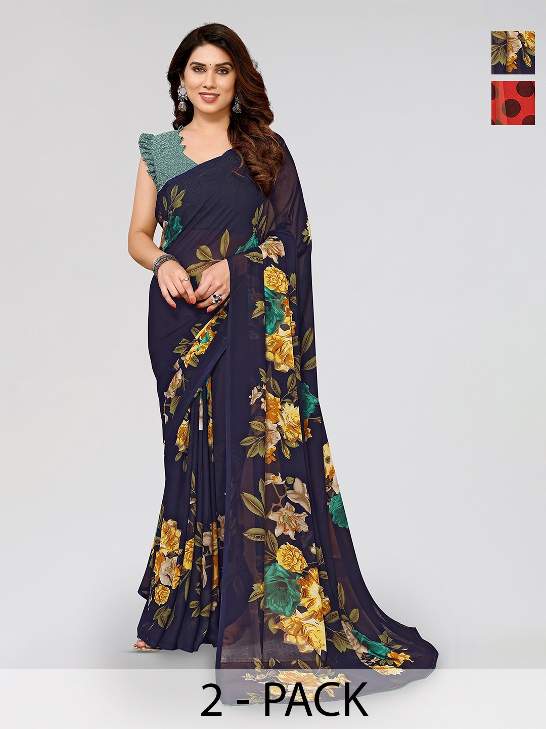 

ANAND SAREES Selection Of 2 Floral and Polka Dots Printed Sarees, Red