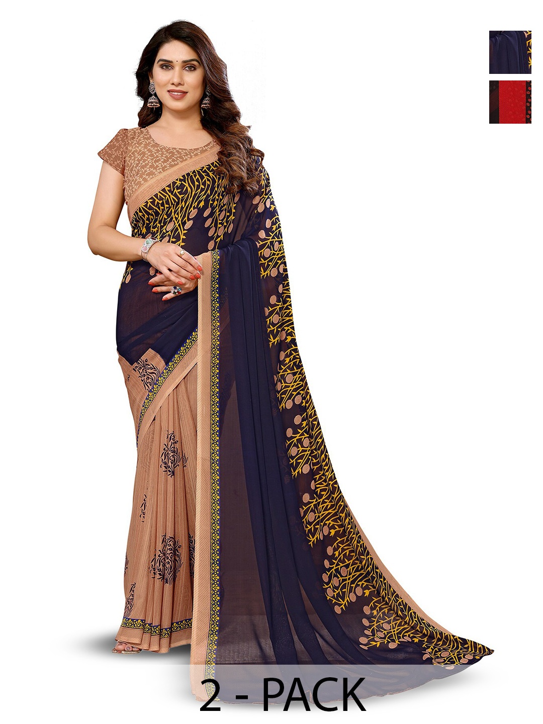 

ANAND SAREES Selection of 2 Ethnic Motifs Printed Sarees, Black
