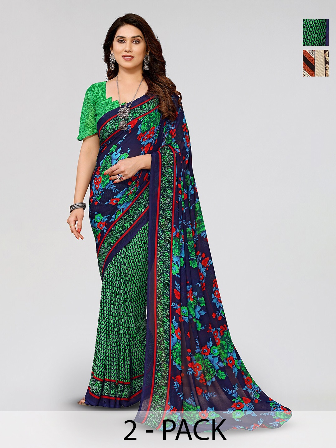 

ANAND SAREES Selection Of 2 Printed Sarees, Blue