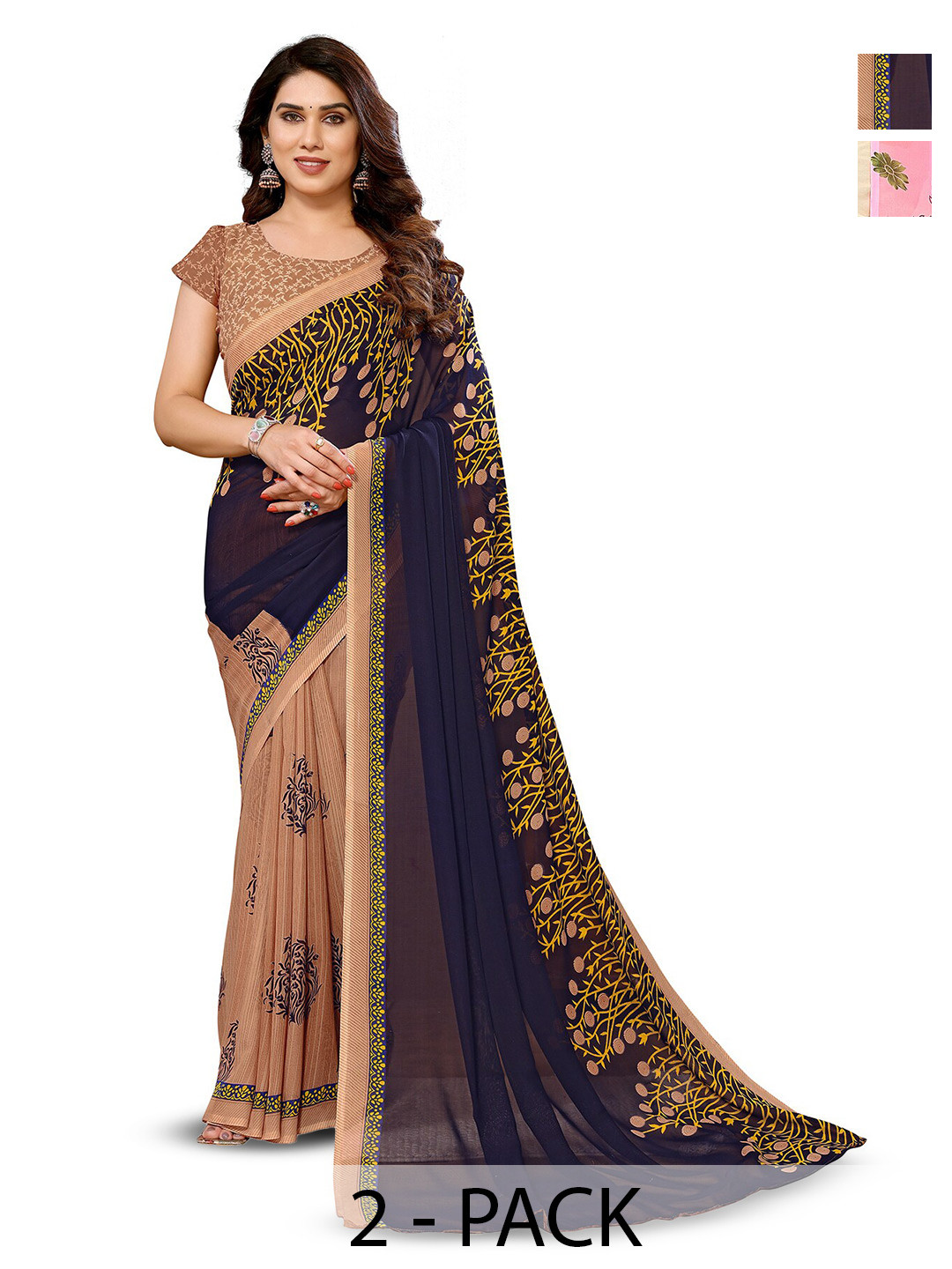 

ANAND SAREES Selection Of 2 Floral Printed Sarees, Pink